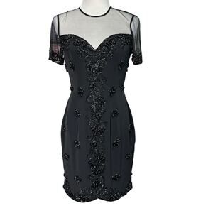 BLACK TIE Womens 4 Black Vintage Beaded Short Sleeve Cocktail Dress OLEG CASSINI